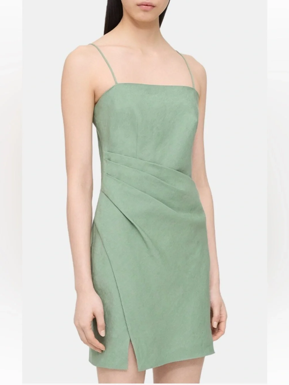 Theory || Linen Side Pleat Mini Dress‎ in Leaf Green 10